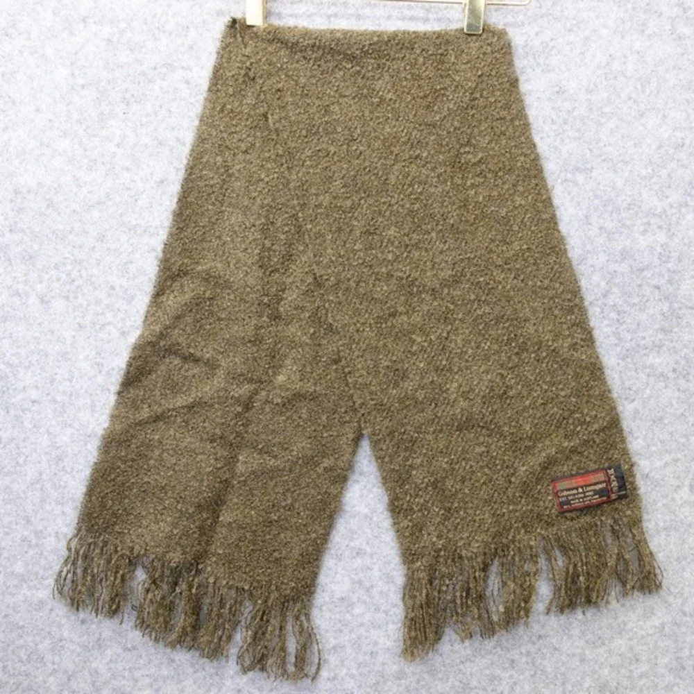 Vintage Scottish Scarf Mens Olive Green Boucle Fringe Winter GIBSON LUMGAIR 9x40